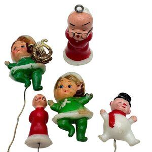 50s Japan Christmas Pixie Elf Figurines 5 Pc Hand-Painted Plastic Ornaments Vtg